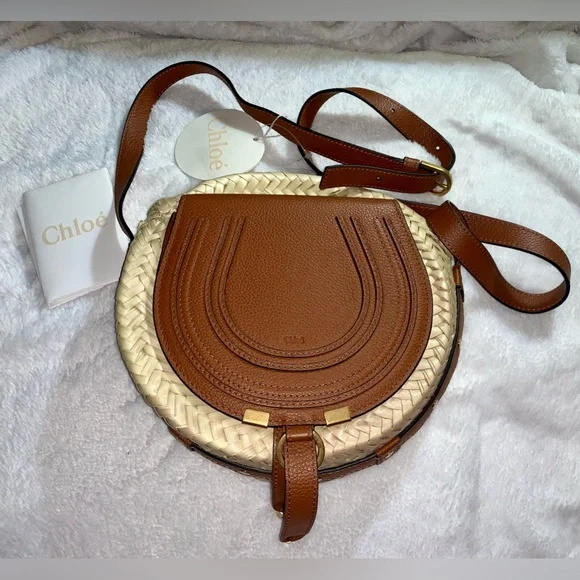 Chloe Marcie Woven Palm Round Crossbody Bag (Tan)